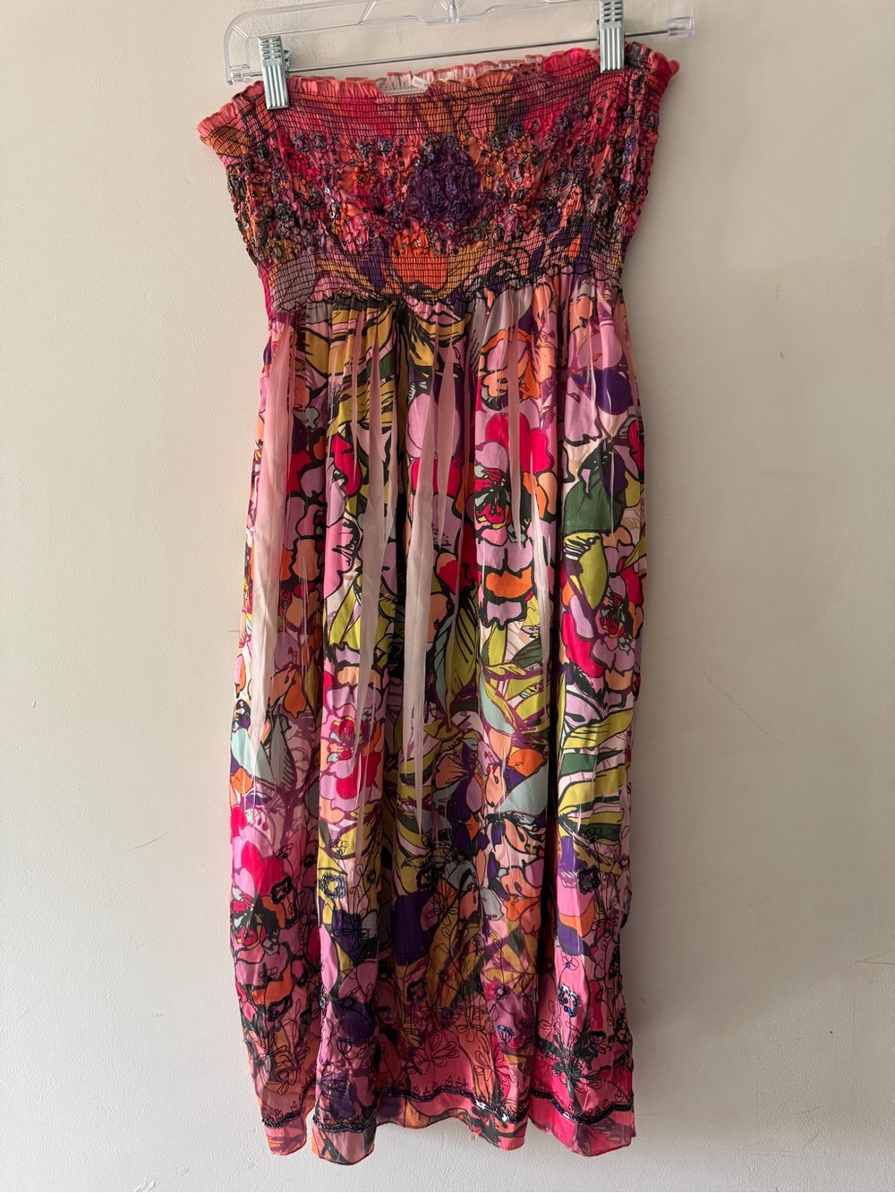 Lapis Strapless Smocked Floral Beaded Long Dress